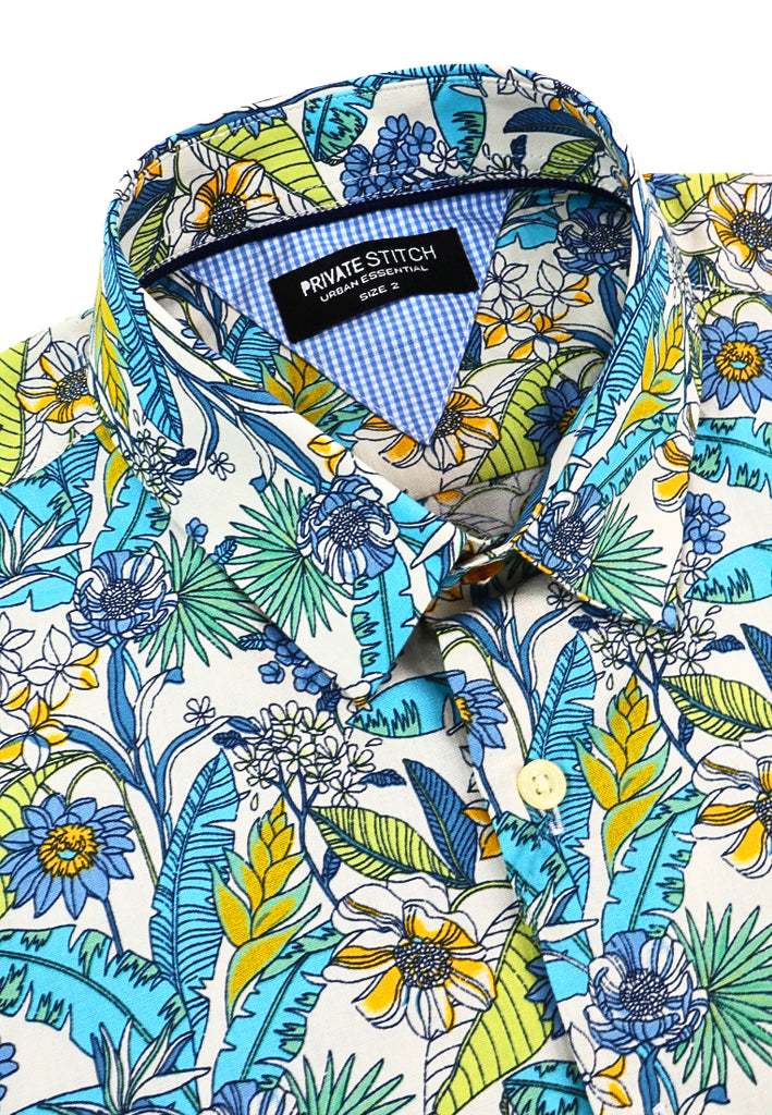 PRIVATE STITCH Signature Moustache Blue Bloom Paradise Long Sleeve Shirt