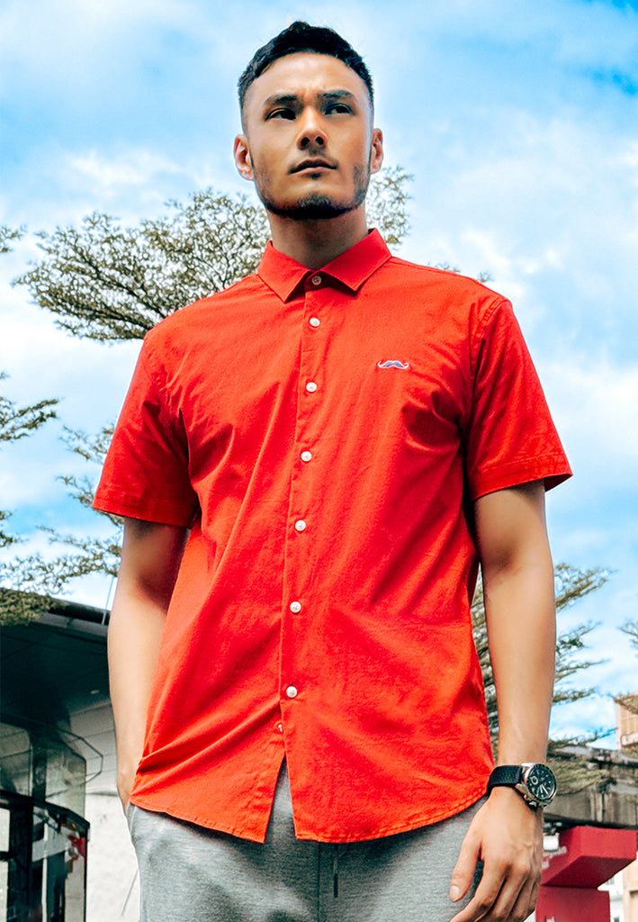 PRIVATE STITCH Signature Moustache Short Sleeve Shirt - Red