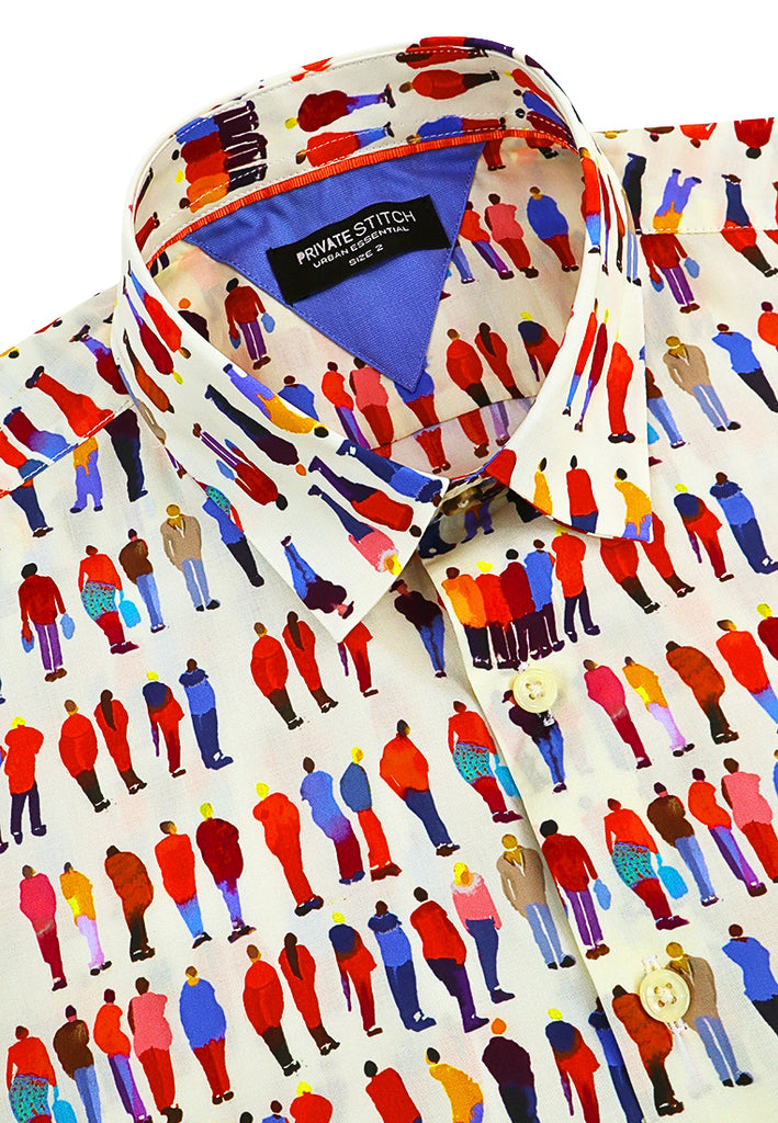PRIVATE STITCH Signature Moustache Urban Crowd Print Shirt